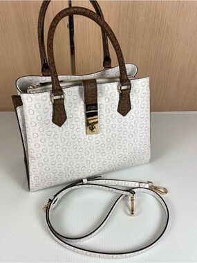 Guess White Brown Logo Satchel Crossbody NWOT Structured Gold Hardware Purse